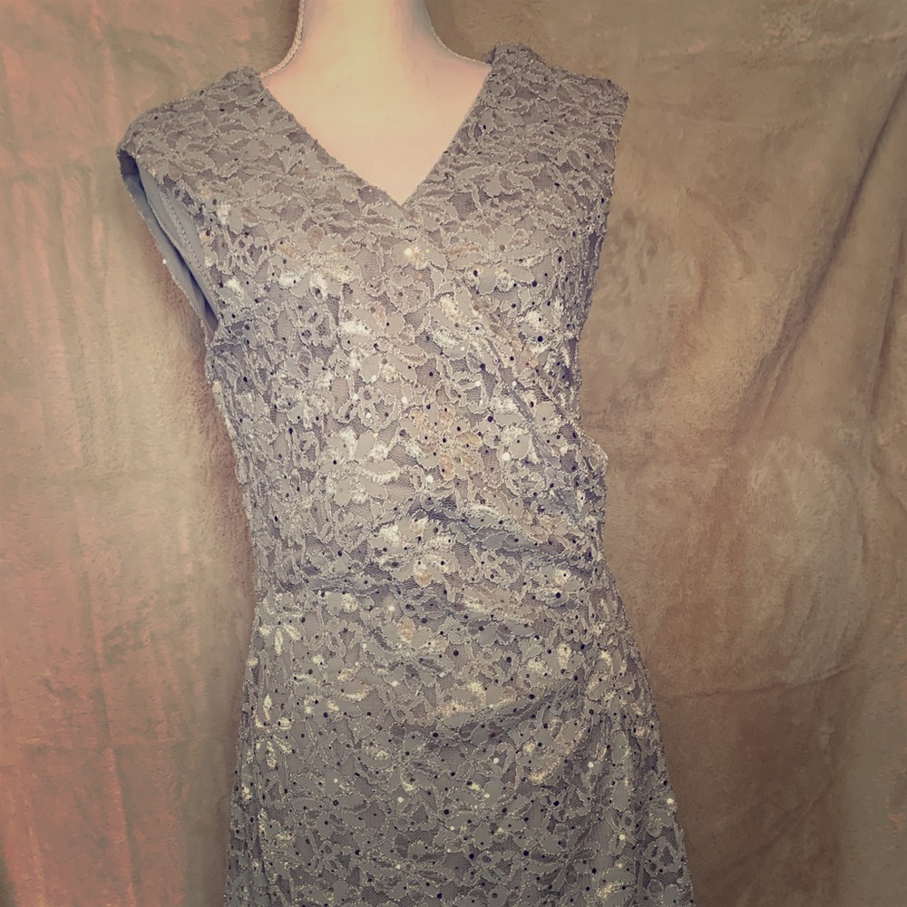 Form fitting formal silver dress